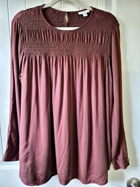J.Jill Petite Medium Maroon Burgundy Plum Smocked Long Sleeve Blouse Top Tunic